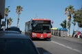Bus on yhe street in Barceloneta beach with people in summer after COVID 19 on June 26, 2020 in Barcelona, Ã¢â¬â¹Ã¢â¬â¹Spain Royalty Free Stock Photo